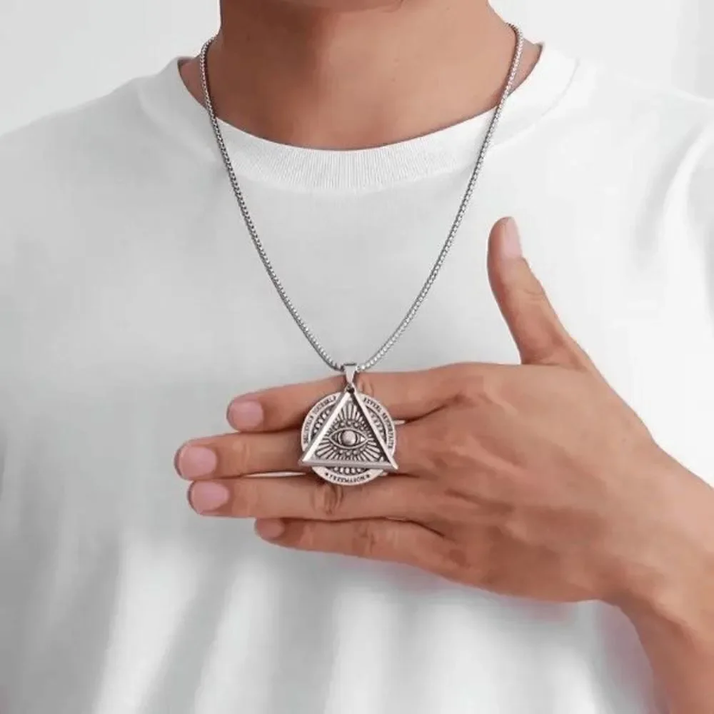 Stainless Steel Masonic Illuminati All Seeing Evil Eye Pendant Chain Necklace